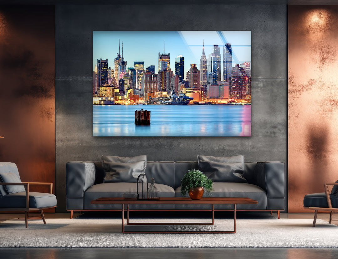 New York City Skyline Glass Wall Art – Iconic Manhattan Skyline with Stunning Waterfront View