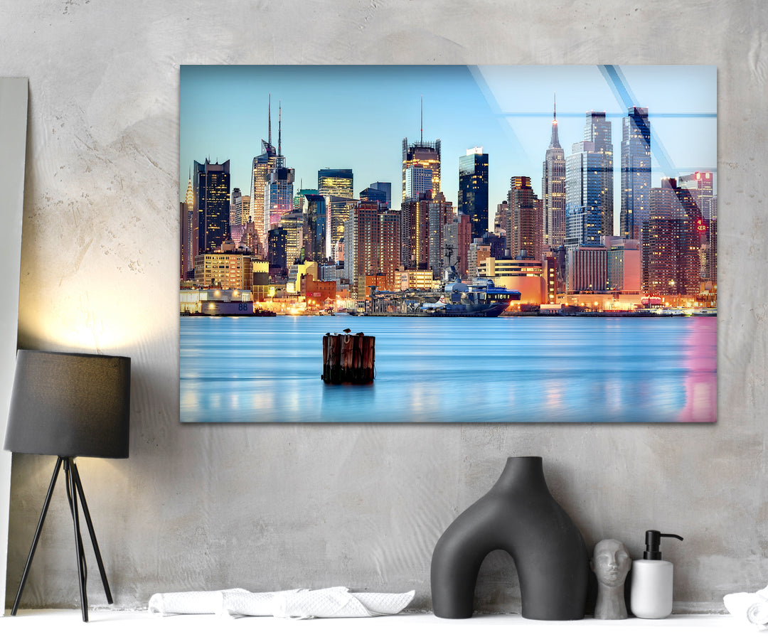 New York City Skyline Glass Wall Art – Iconic Manhattan Skyline with Stunning Waterfront View