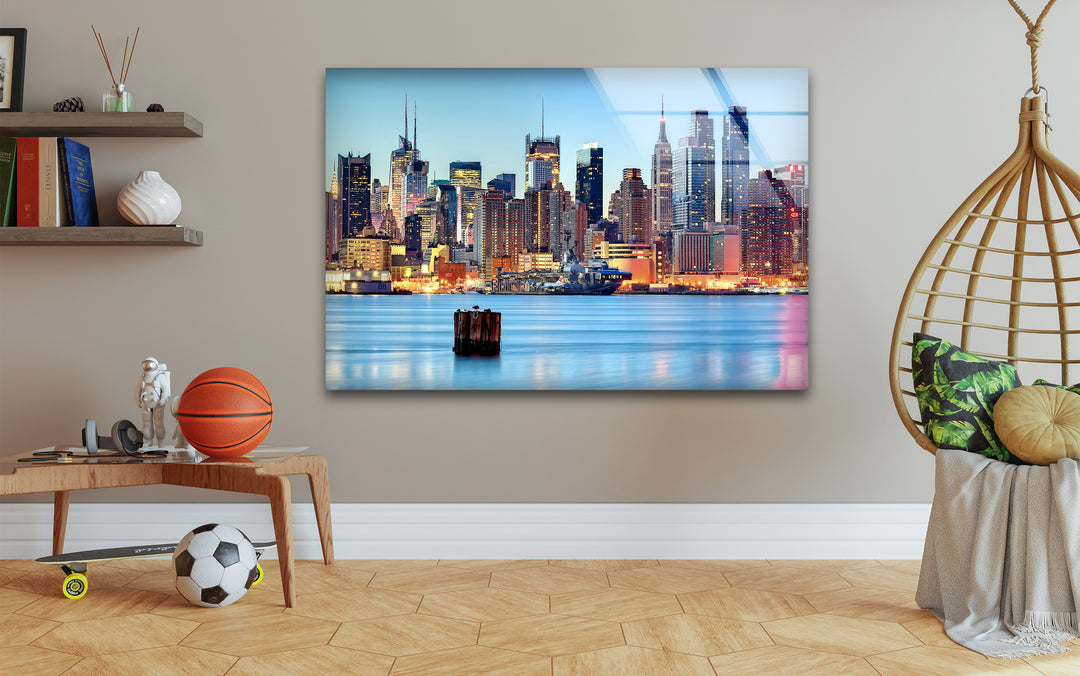 New York City Skyline Glass Wall Art – Iconic Manhattan Skyline with Stunning Waterfront View