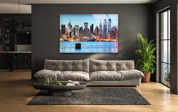 New York City Skyline Glass Wall Art – Iconic Manhattan Skyline with Stunning Waterfront View