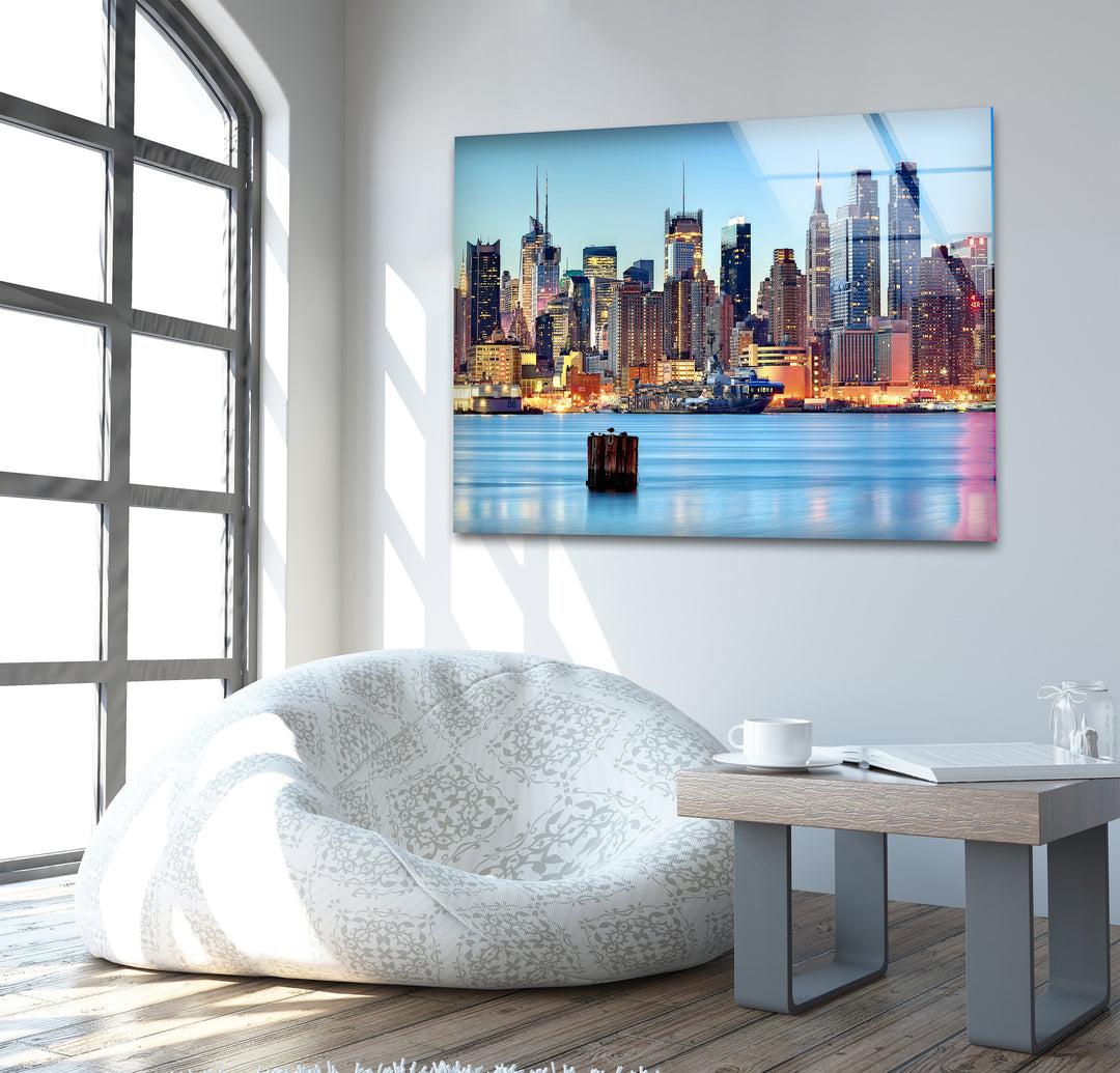 New York City Skyline Glass Wall Art – Iconic Manhattan Skyline with Stunning Waterfront View