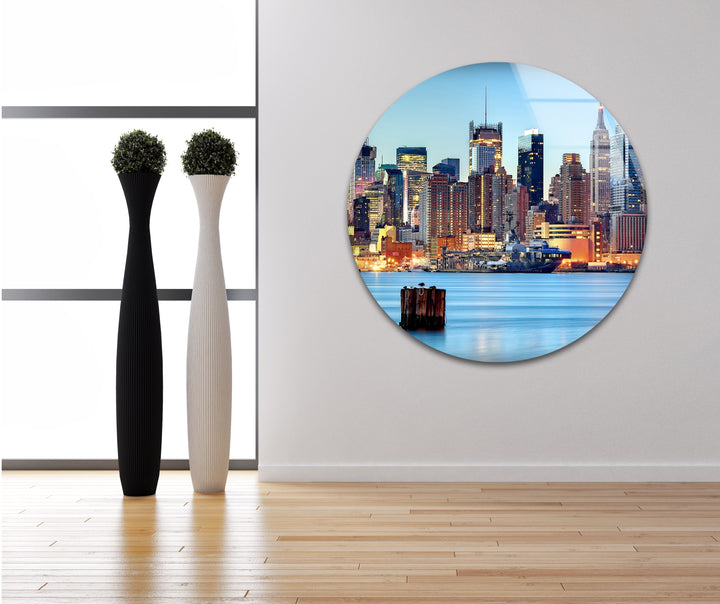 New York City Skyline Glass Wall Art – Iconic Manhattan Skyline with Stunning Waterfront View