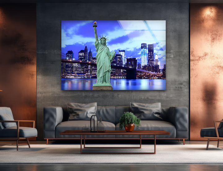 Statue of Liberty Glass Wall Art – Iconic New York Landmark with Brooklyn Bridge View at Night