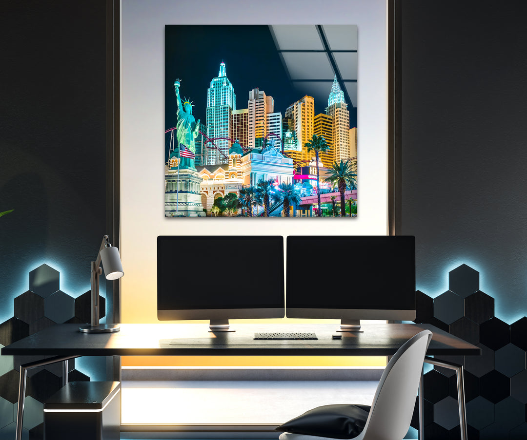 New York New York Hotel Glass Wall Art – Iconic Las Vegas Landmark with Statue of Liberty Replica