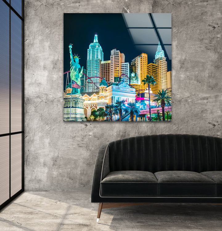 New York New York Hotel Glass Wall Art – Iconic Las Vegas Landmark with Statue of Liberty Replica