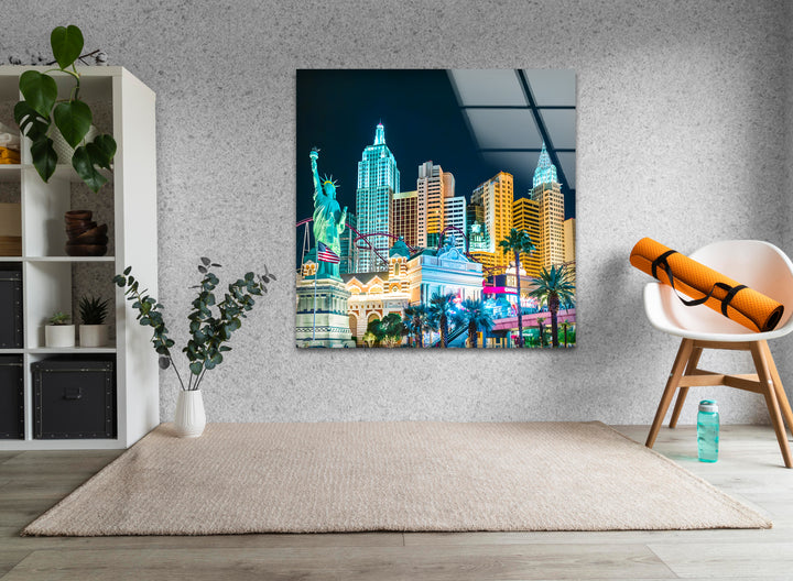 New York New York Hotel Glass Wall Art – Iconic Las Vegas Landmark with Statue of Liberty Replica