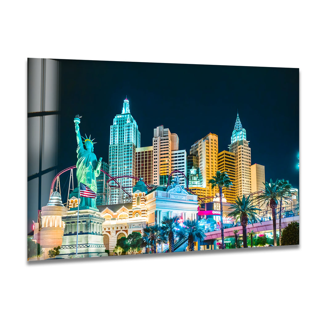 New York New York Hotel Glass Wall Art – Iconic Las Vegas Landmark with Statue of Liberty Replica