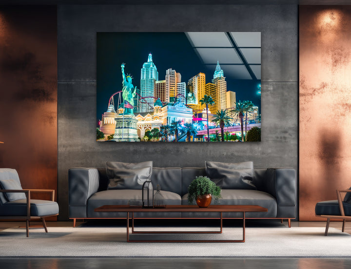 New York New York Hotel Glass Wall Art – Iconic Las Vegas Landmark with Statue of Liberty Replica