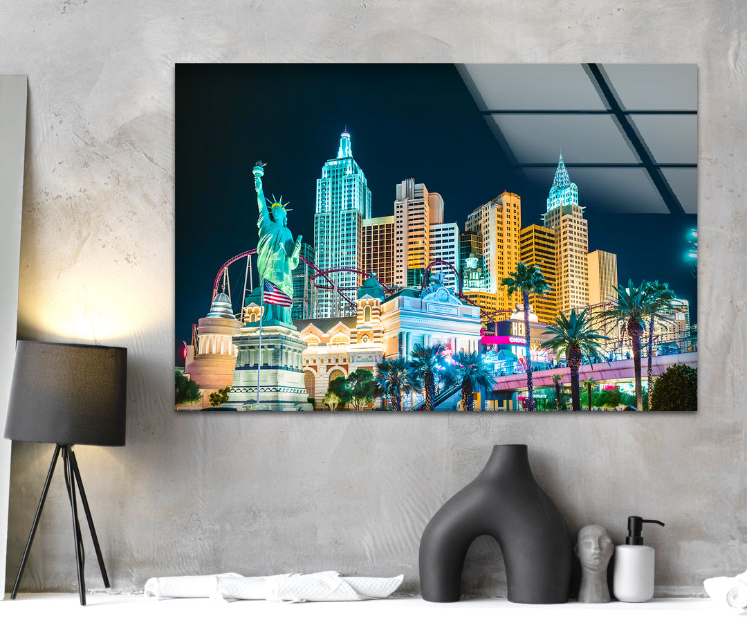 New York New York Hotel Glass Wall Art – Iconic Las Vegas Landmark with Statue of Liberty Replica