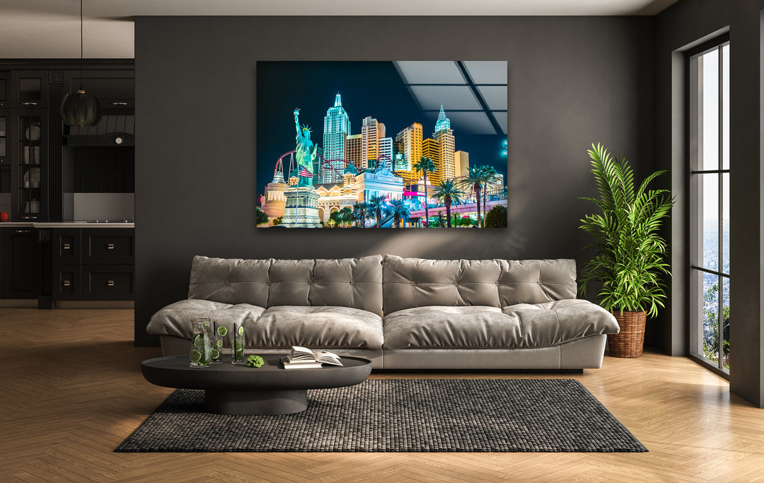 New York New York Hotel Glass Wall Art – Iconic Las Vegas Landmark with Statue of Liberty Replica