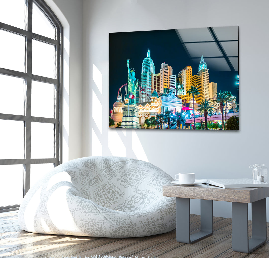 New York New York Hotel Glass Wall Art – Iconic Las Vegas Landmark with Statue of Liberty Replica