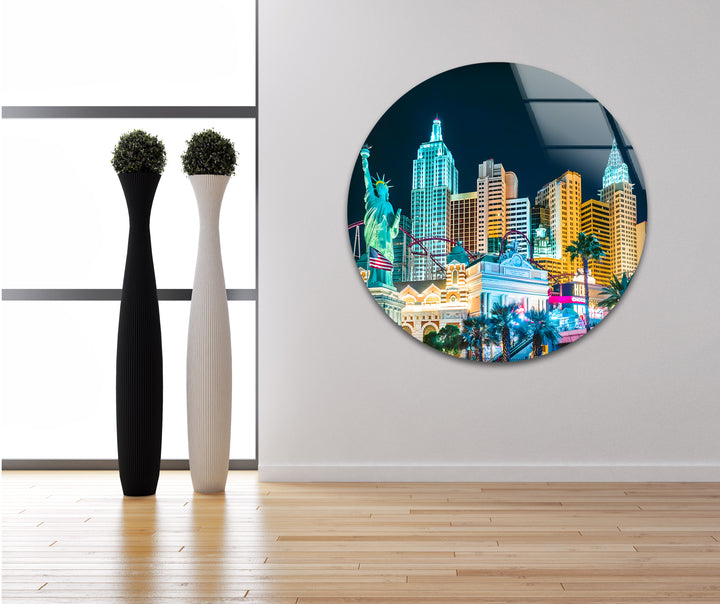 New York New York Hotel Glass Wall Art – Iconic Las Vegas Landmark with Statue of Liberty Replica