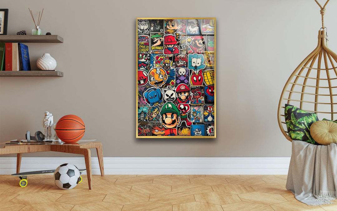 Various Character Stickers Glass Wall Art picture on glass wall art, photos printed on glass
