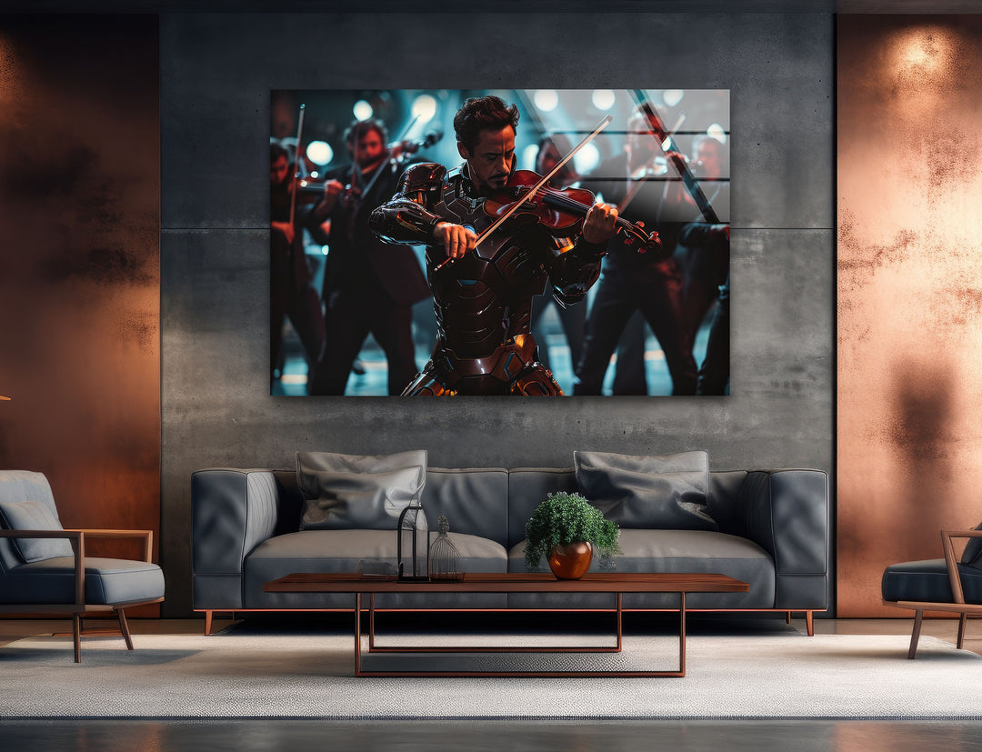 Violinist Iron Man Glass Wall Art print on glass, glass printed photos
