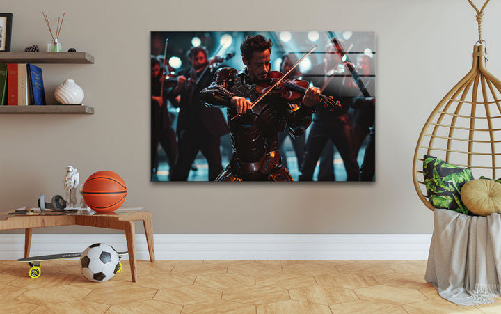 Violinist Iron Man Glass Wall Art custom glass photo prints, large glass prints
