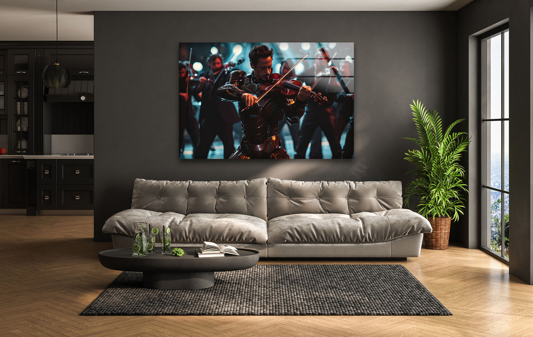 Violinist Iron Man Glass Wall Art picture on glass wall art, photos printed on glass
