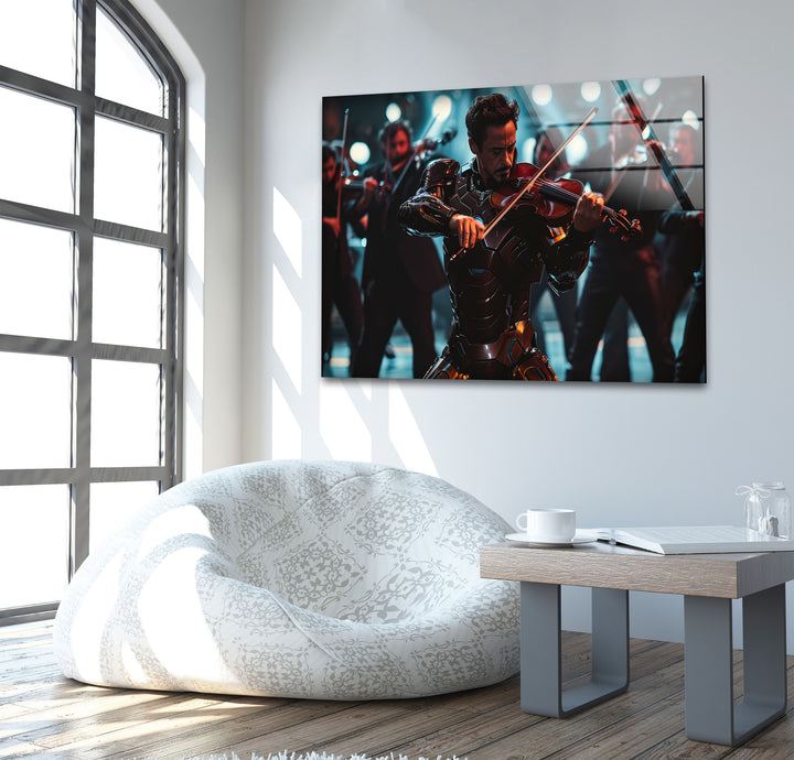 Violinist Iron Man Glass Wall Art glass photo prints, glass picture prints
