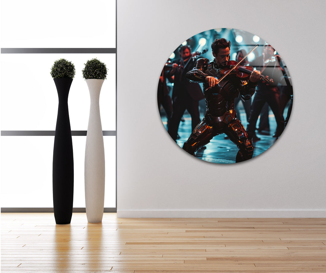 Violinist Iron Man Glass Wall Art photo print on glass, prints on glass wall art
