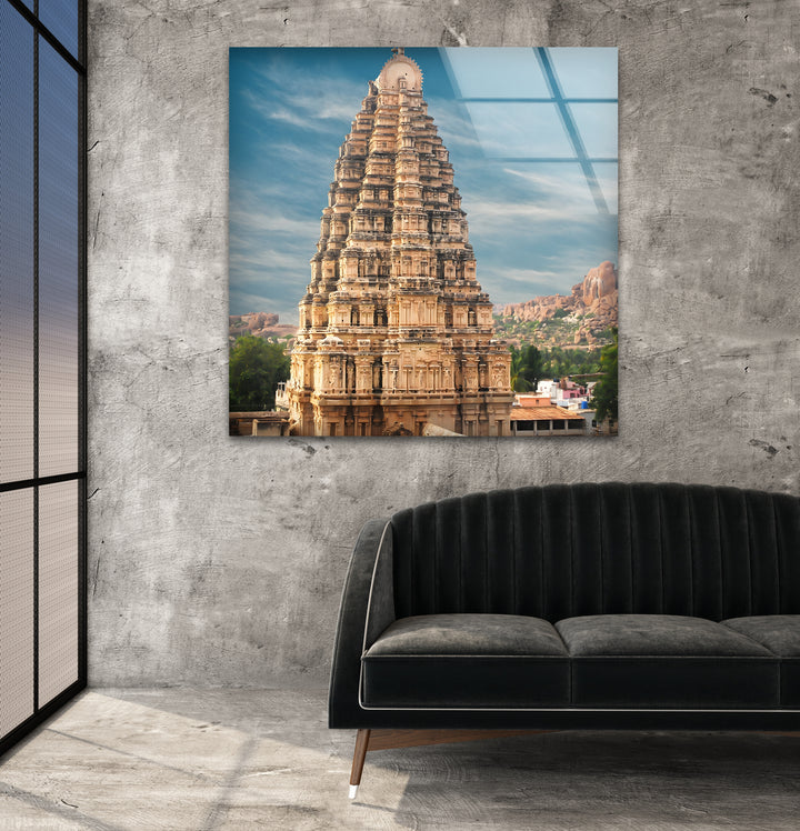 Virupaksha Temple Glass Wall Art – Majestic View of Hampi’s Iconic Ancient Temple