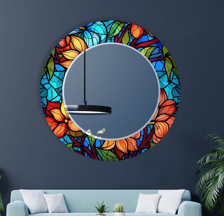 Orange & Blue Flowers Wall Mirror Square Mirror
