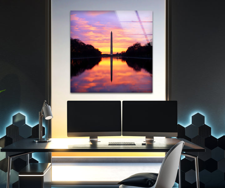 Washington Monument Glass Wall Art – Majestic Sunset Reflection at National Mall