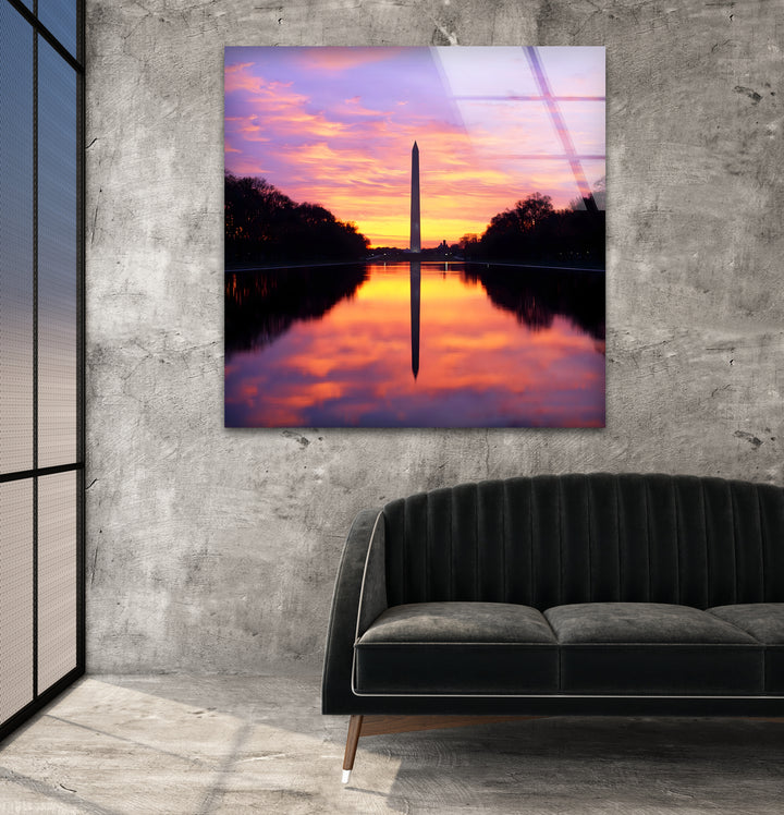 Washington Monument Glass Wall Art – Majestic Sunset Reflection at National Mall