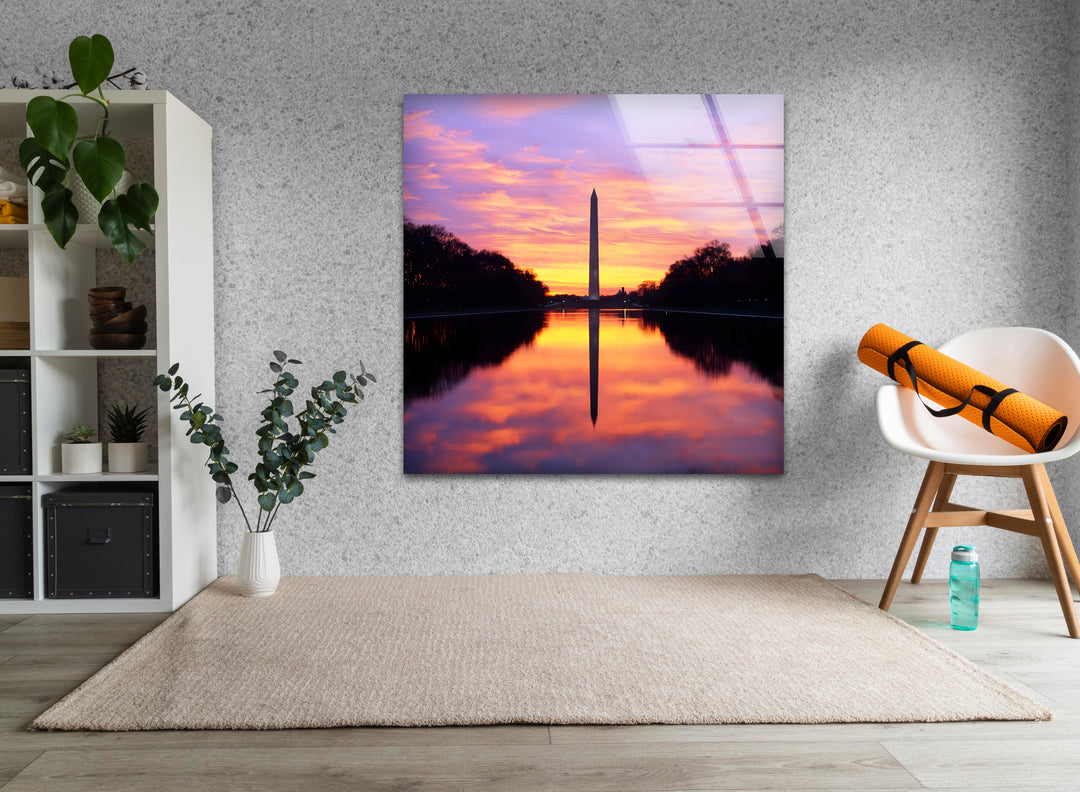 Washington Monument Glass Wall Art – Majestic Sunset Reflection at National Mall