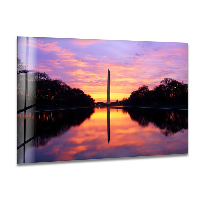 Washington Monument Glass Wall Art – Majestic Sunset Reflection at National Mall