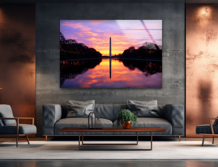 Washington Monument Glass Wall Art – Majestic Sunset Reflection at National Mall