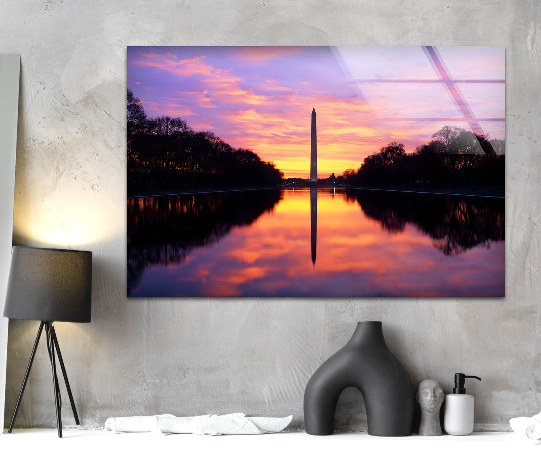 Washington Monument Glass Wall Art – Majestic Sunset Reflection at National Mall