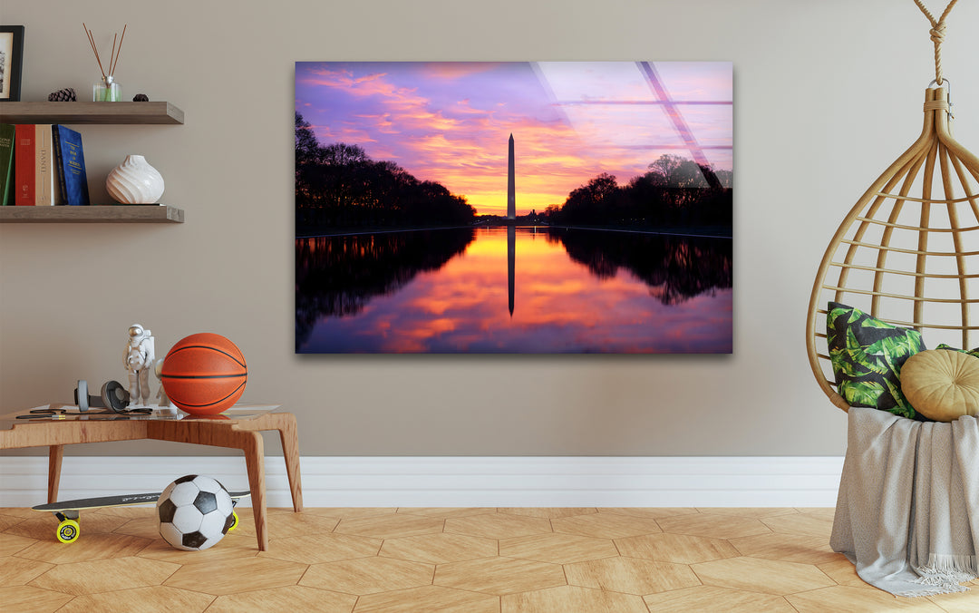 Washington Monument Glass Wall Art – Majestic Sunset Reflection at National Mall