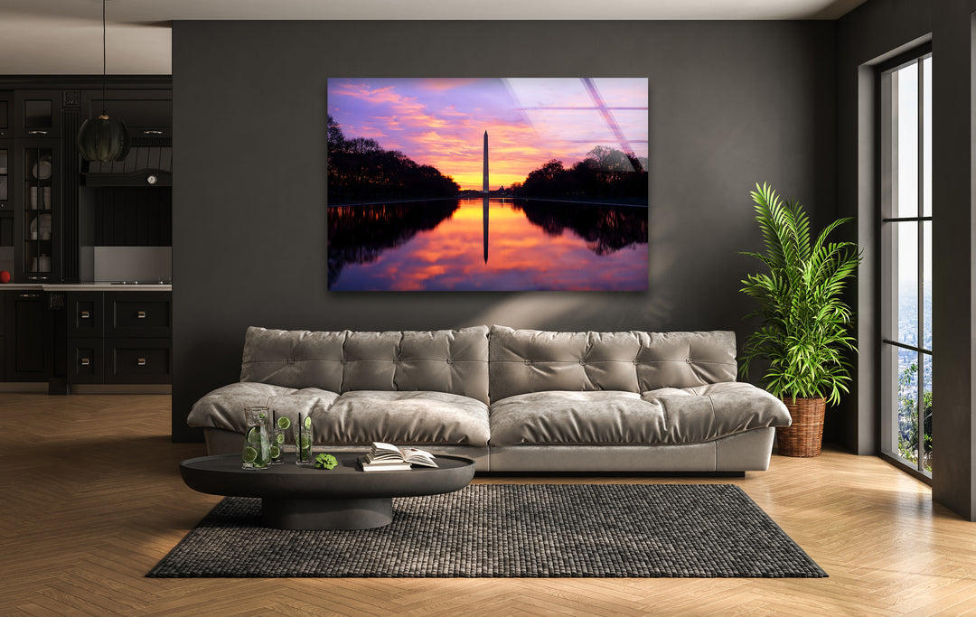 Washington Monument Glass Wall Art – Majestic Sunset Reflection at National Mall