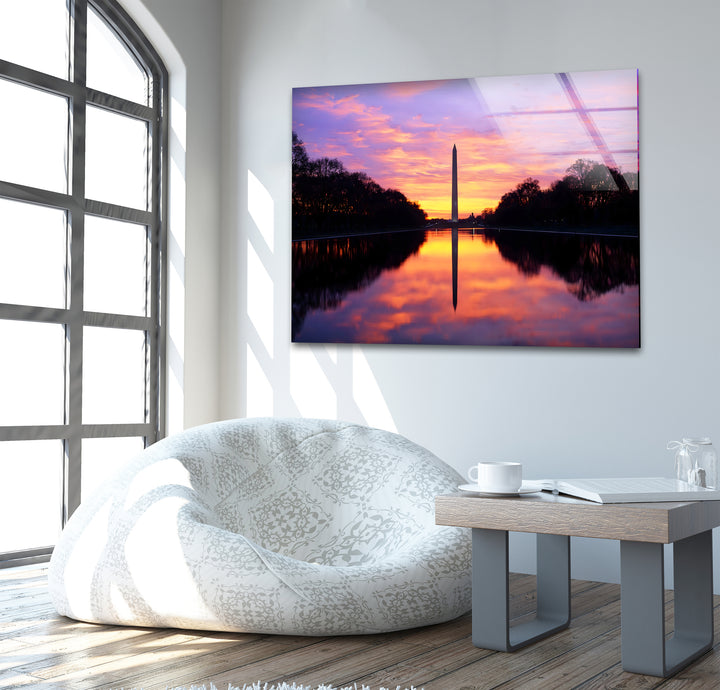 Washington Monument Glass Wall Art – Majestic Sunset Reflection at National Mall