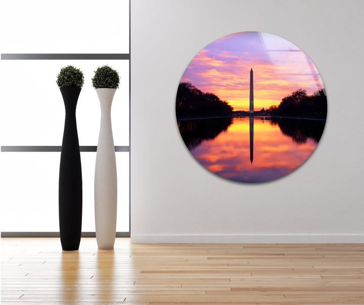 Washington Monument Glass Wall Art – Majestic Sunset Reflection at National Mall