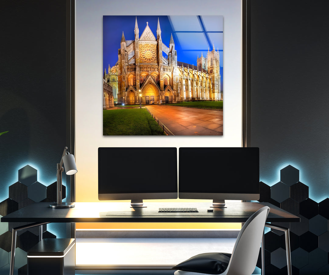 Westminster Abbey Glass Wall Art – Iconic London Landmark at Night