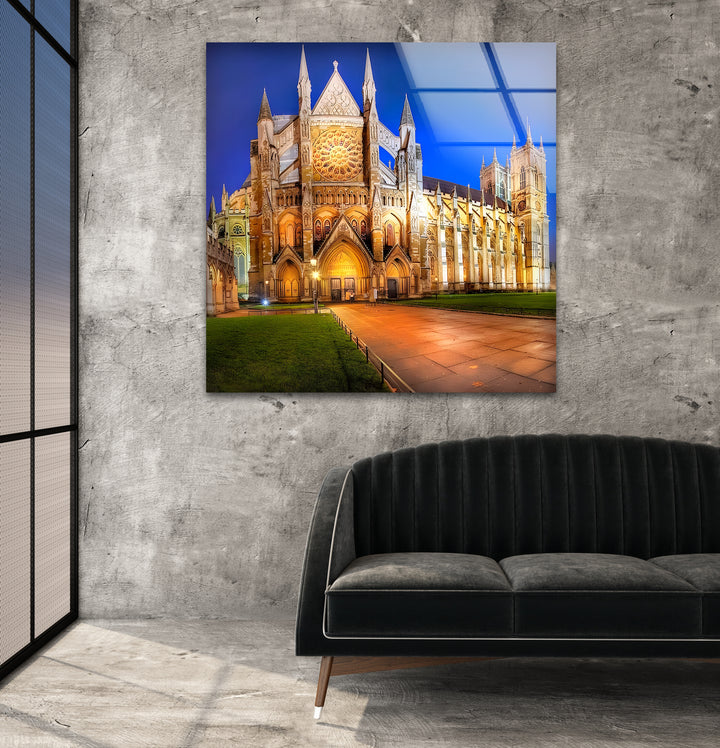 Westminster Abbey Glass Wall Art – Iconic London Landmark at Night