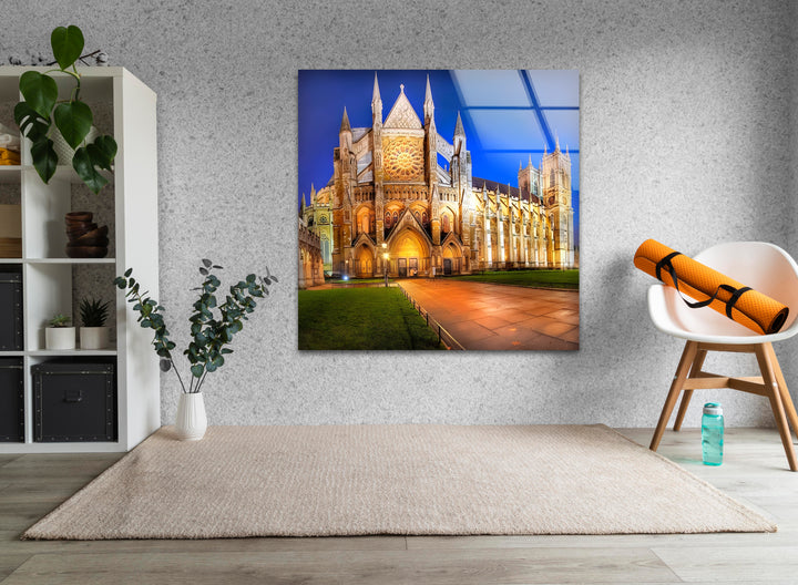 Westminster Abbey Glass Wall Art – Iconic London Landmark at Night