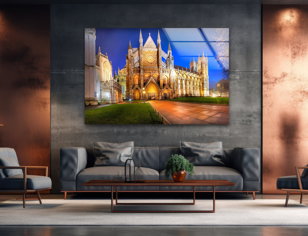 Westminster Abbey Glass Wall Art – Iconic London Landmark at Night