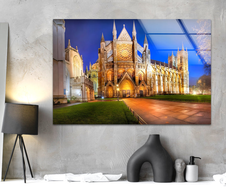 Westminster Abbey Glass Wall Art – Iconic London Landmark at Night