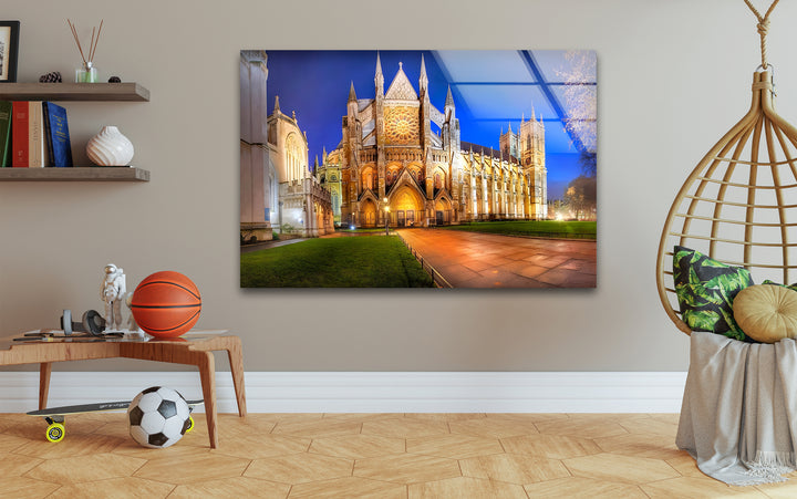 Westminster Abbey Glass Wall Art – Iconic London Landmark at Night