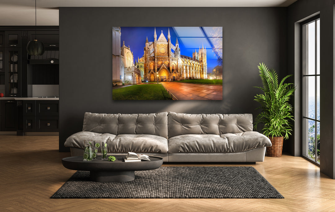 Westminster Abbey Glass Wall Art – Iconic London Landmark at Night