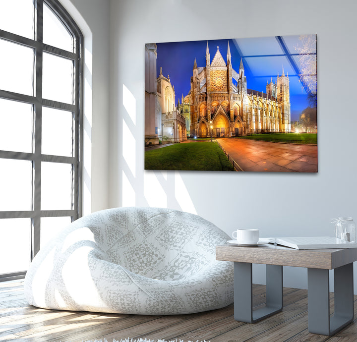 Westminster Abbey Glass Wall Art – Iconic London Landmark at Night