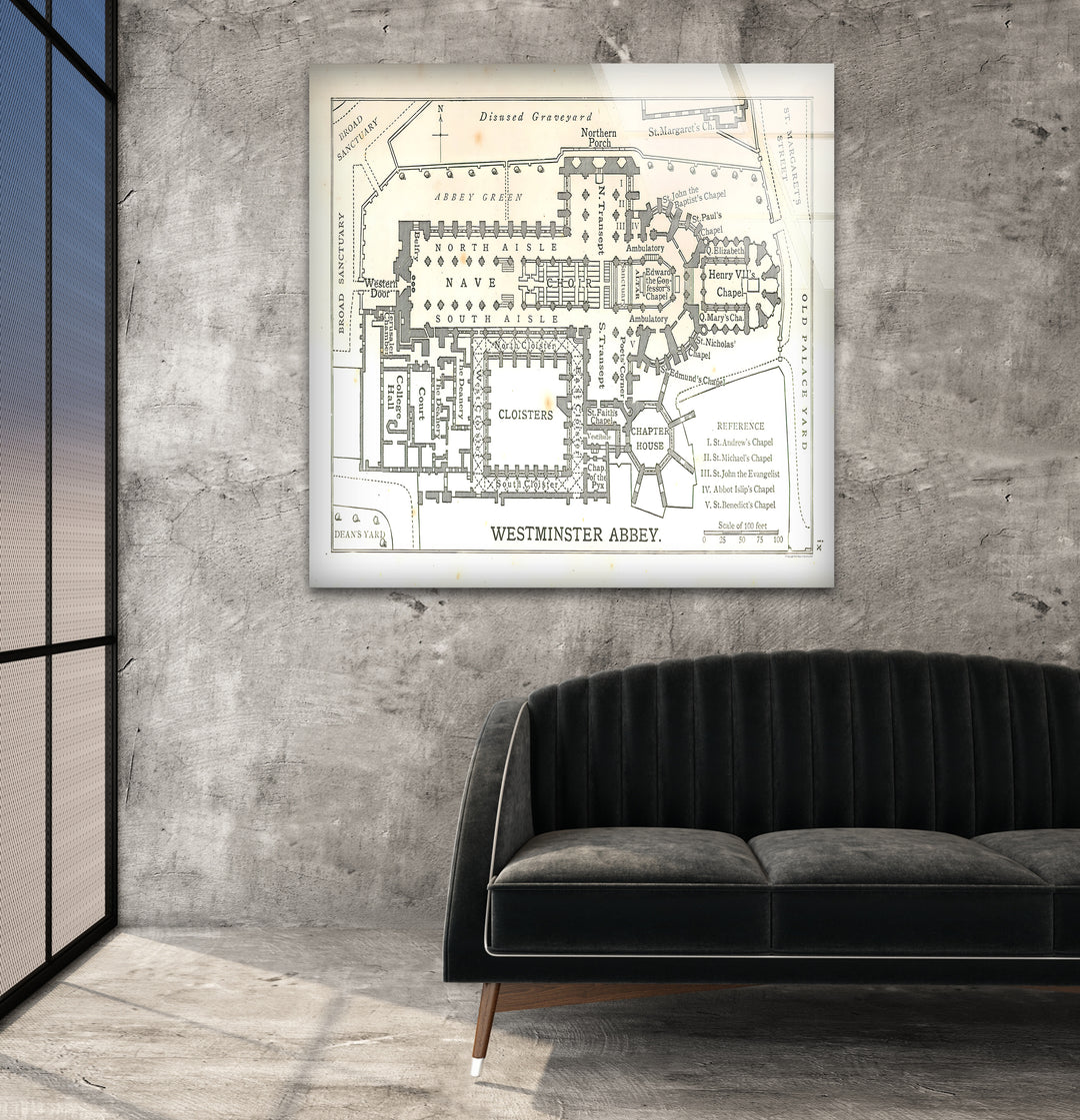 Westminster Abbey Floor Plan Glass Wall Art – Detailed Map of London’s Iconic Abbey