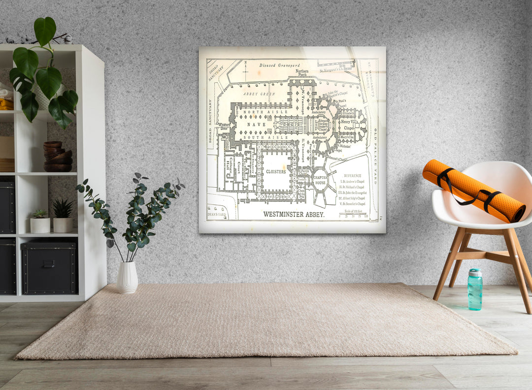 Westminster Abbey Floor Plan Glass Wall Art – Detailed Map of London’s Iconic Abbey