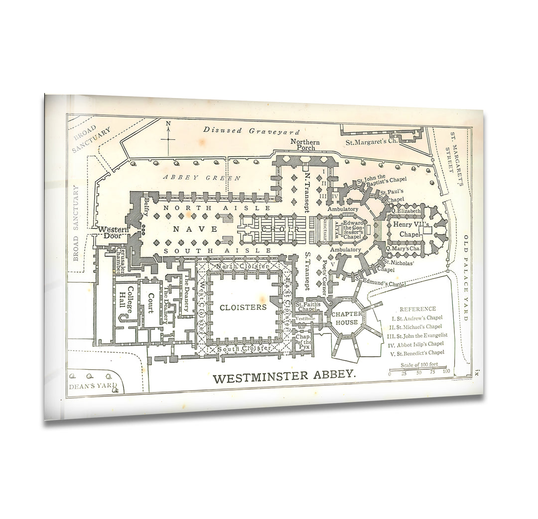 Westminster Abbey Floor Plan Glass Wall Art – Detailed Map of London’s Iconic Abbey