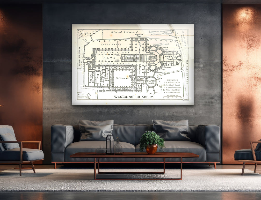 Westminster Abbey Floor Plan Glass Wall Art – Detailed Map of London’s Iconic Abbey