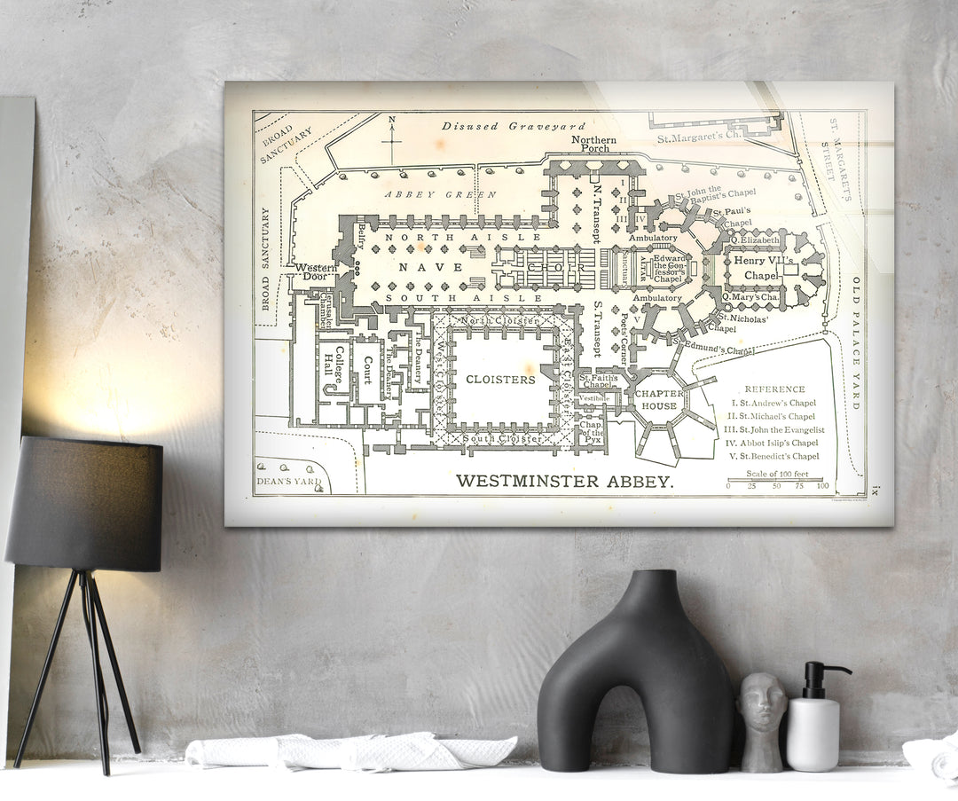 Westminster Abbey Floor Plan Glass Wall Art – Detailed Map of London’s Iconic Abbey