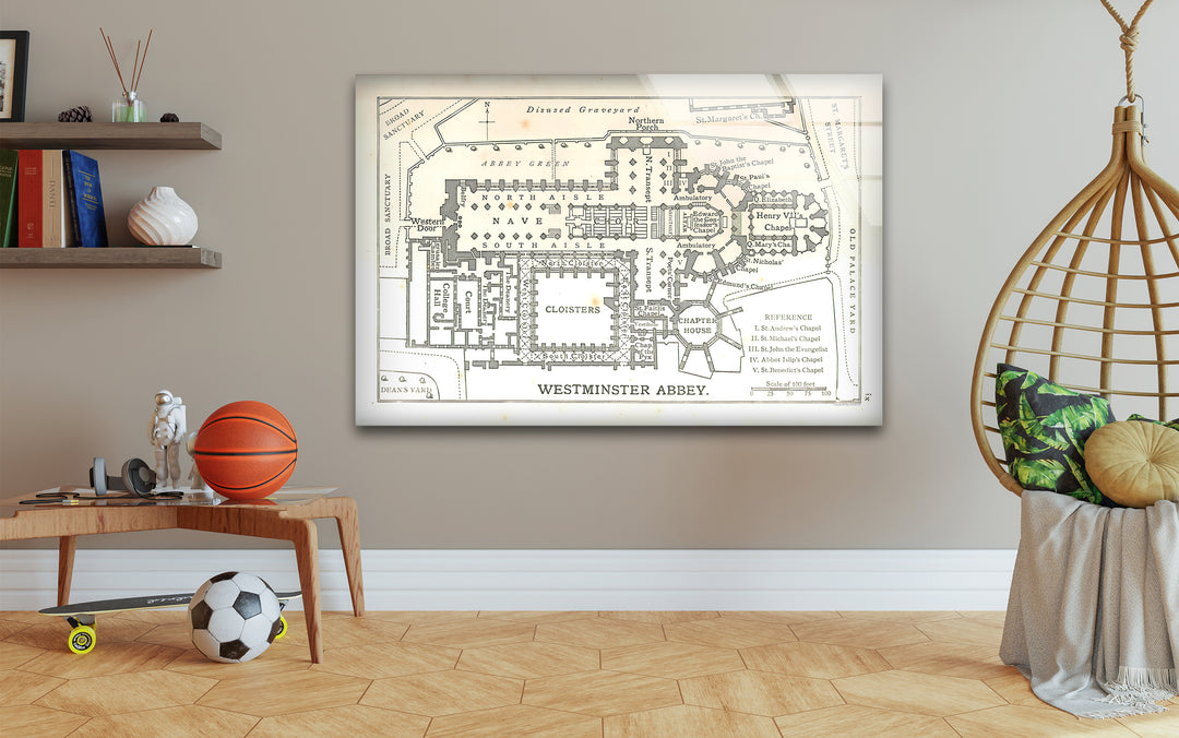 Westminster Abbey Floor Plan Glass Wall Art – Detailed Map of London’s Iconic Abbey