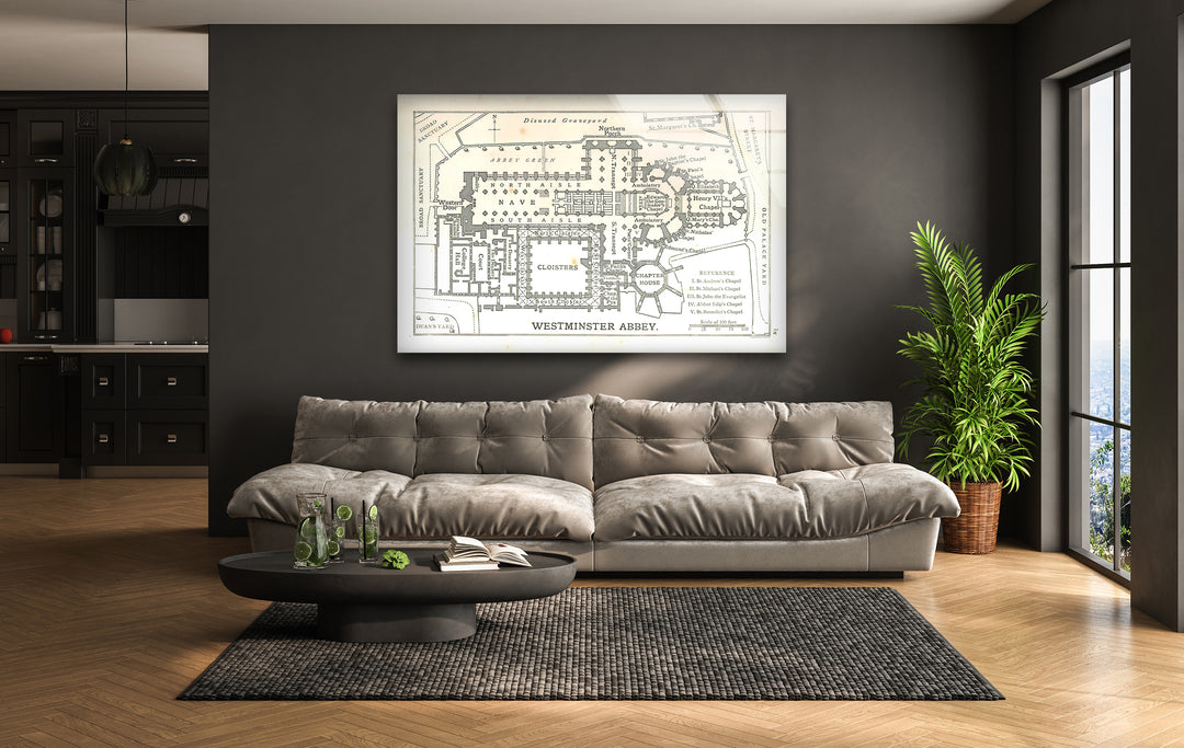 Westminster Abbey Floor Plan Glass Wall Art – Detailed Map of London’s Iconic Abbey