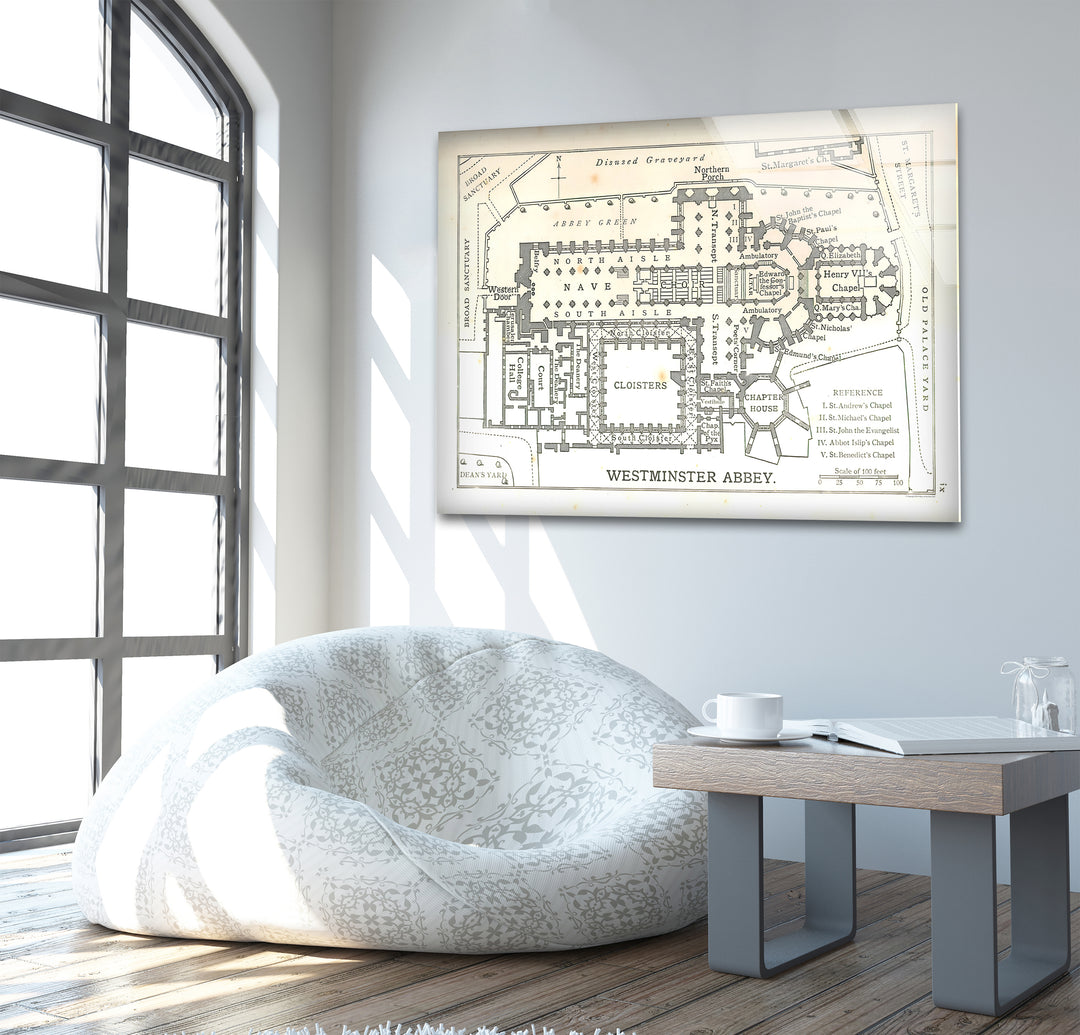 Westminster Abbey Floor Plan Glass Wall Art – Detailed Map of London’s Iconic Abbey